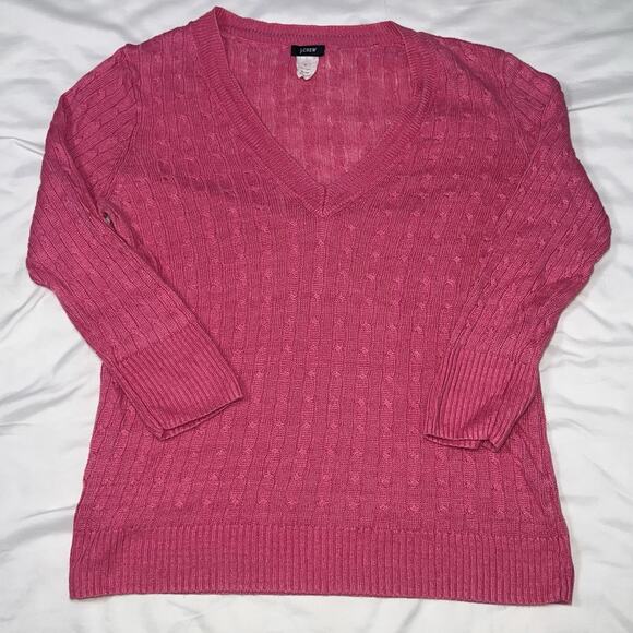 J.Crew Sweater Women’s Size M Pink Cable Knit Linen V Neck Pullover Long Sleeve - Picture 1 of 14